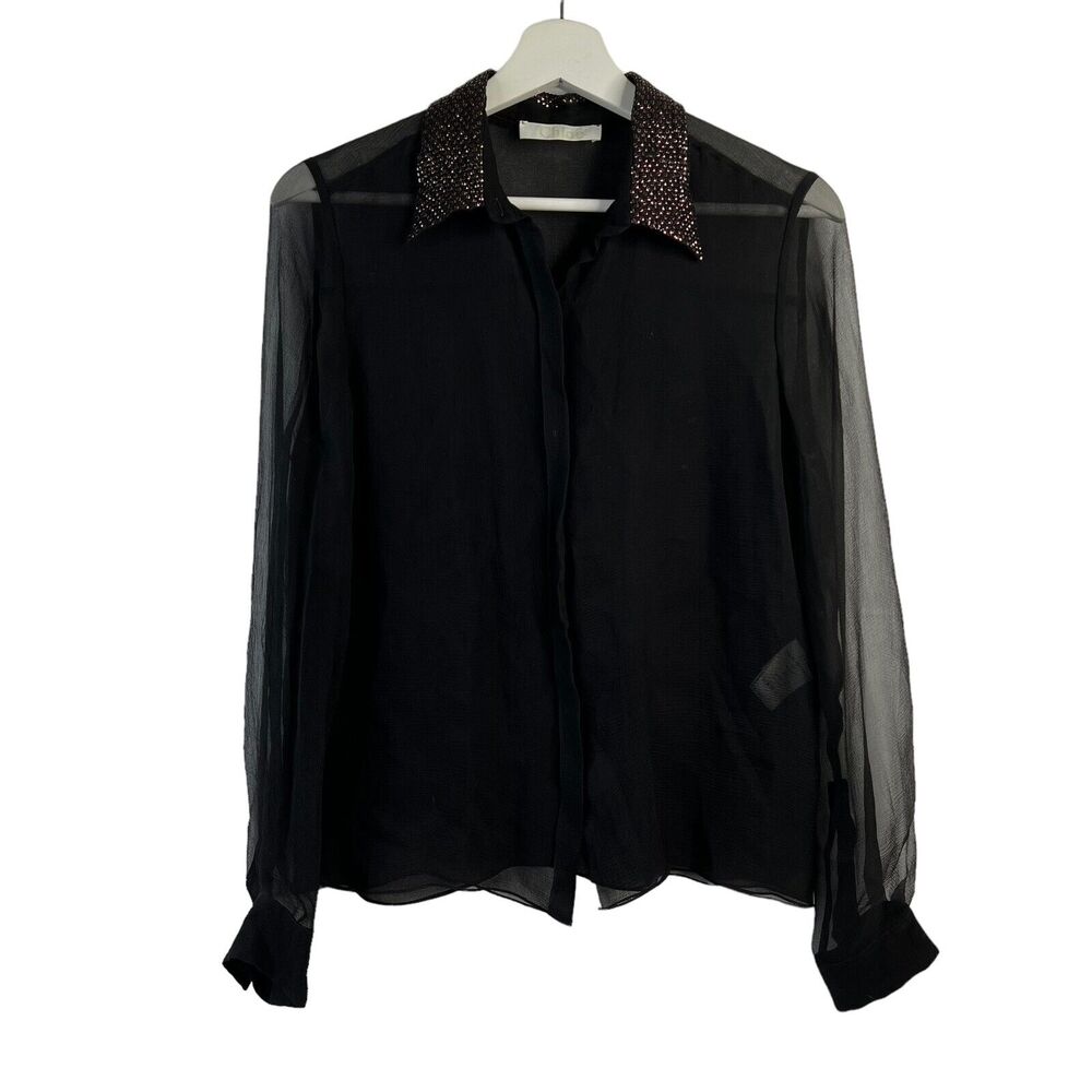 Chloe Size S 4 Blouse Black Semi Sheer Button Up Metallic Copper Sequin Collar‎